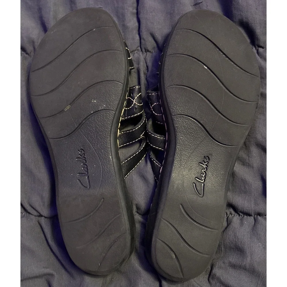 Clarks Collection Black Leather Multi Strap Slide Sandals Size 8 M